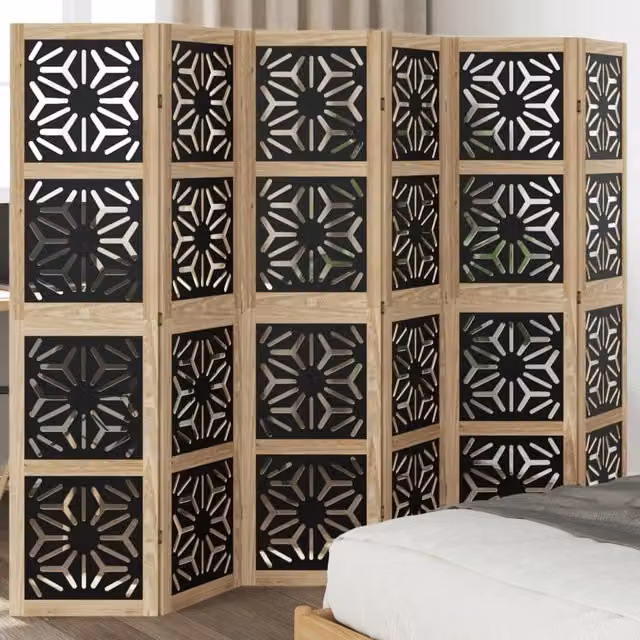 Berkfield Home 6 Panel Geometric Room Divider in Brown and Black Solid Paulownia Wood – 1