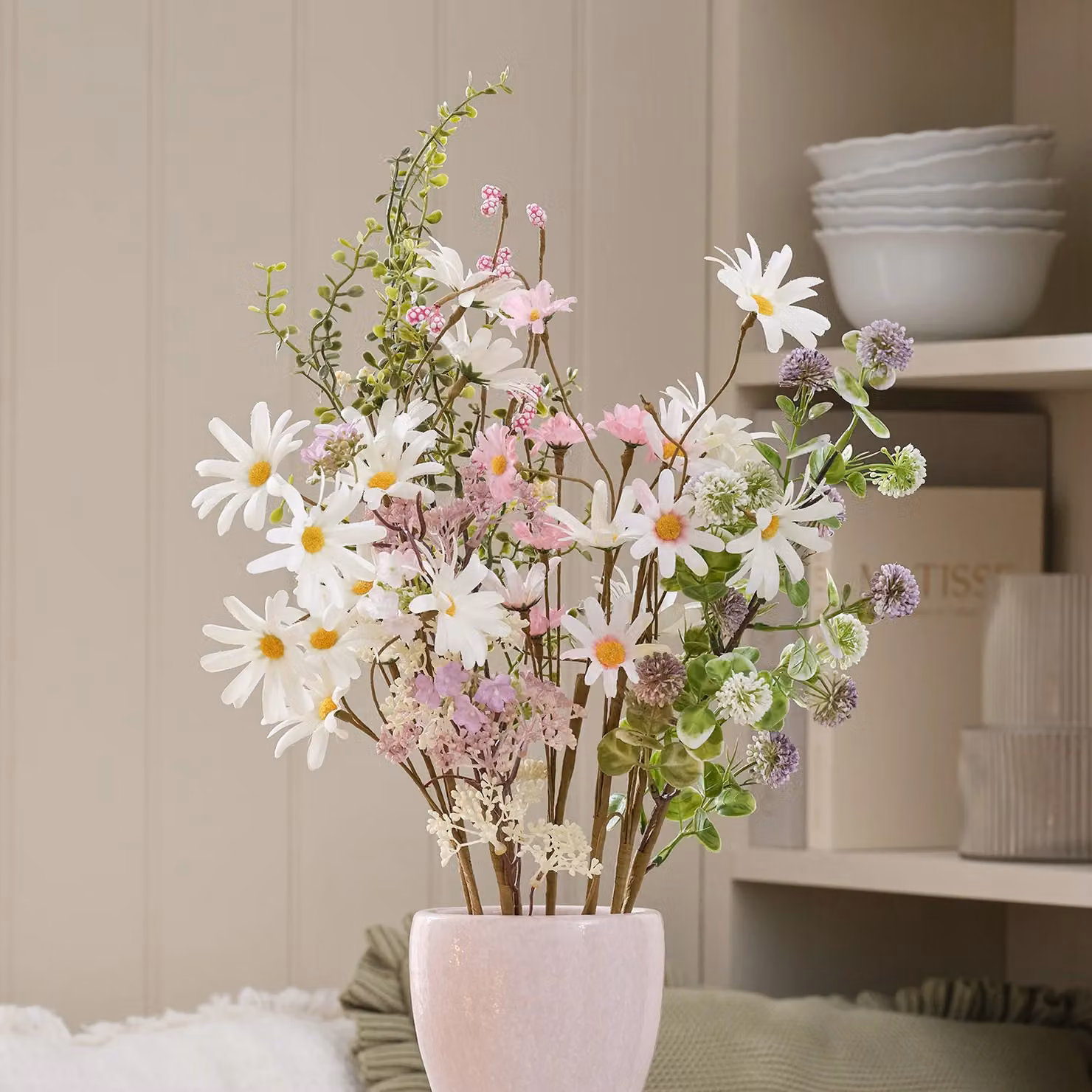 Lights4fun Daisy Dreams Artificial Bouquet in Multicolour Pink, White and Brown – 1