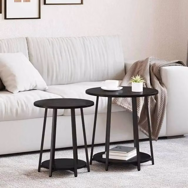 EONLION Set of 2 Industrial Black Round Side Tables with Shelves – 1