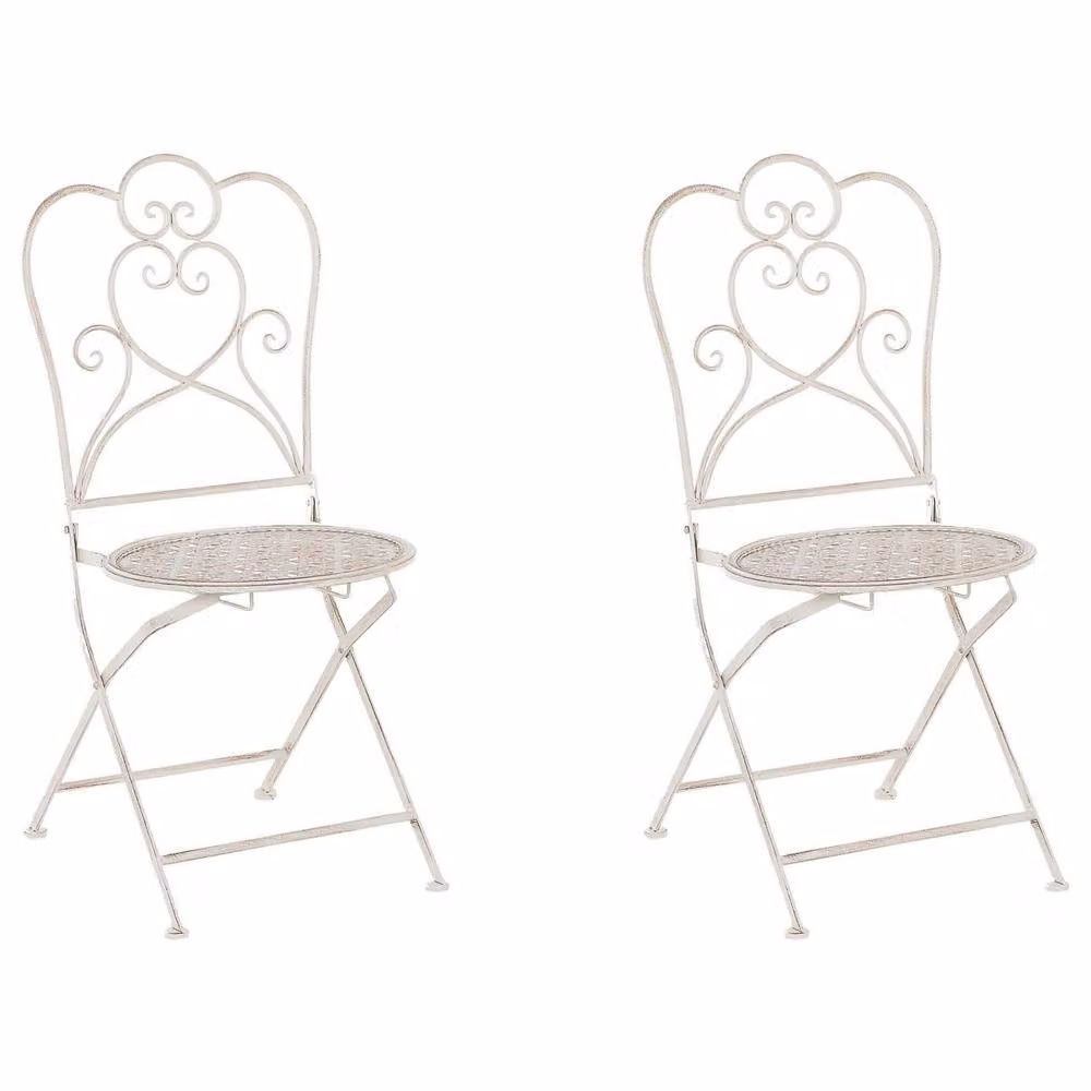 Wyld and Coco Set of 2 Beige Lacquered Metal Garden Bistro Chairs with Shabby Chic Design – 2