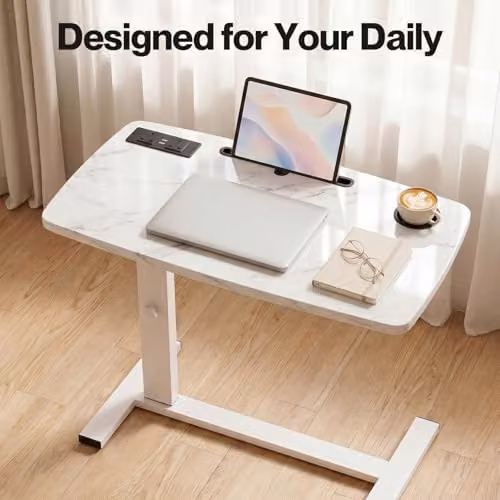 Levede Height Adjustable Mobile Over Bed Desk with Gas Spring Lift and Castors, White, W/D: 80 x 40 cm – 6