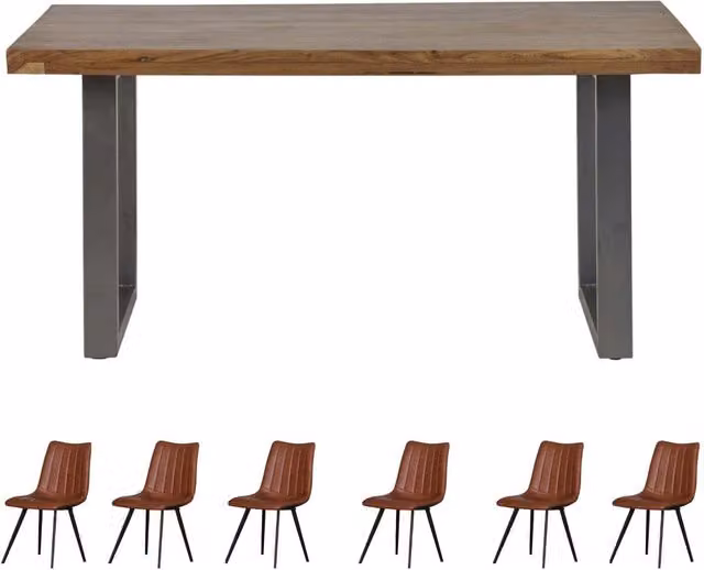 IH Design Cosmopolitan Industrial Rectangular 6 Seater Dining Table and 6 Chairs Set in Brown Wood and Metal