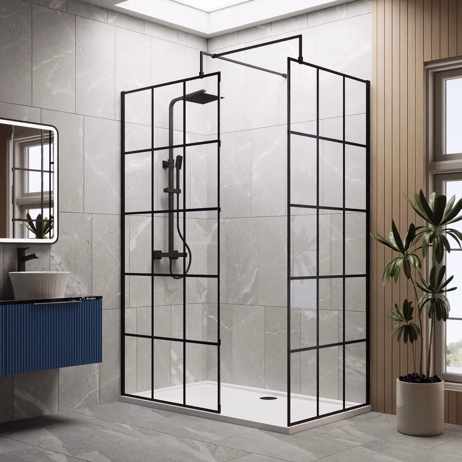Balterley Black Framed Rectangular Walk-in Wetroom Glass Screen and Tray, 8mm Glass, W: 1400 mm, D: 700 mm – 2
