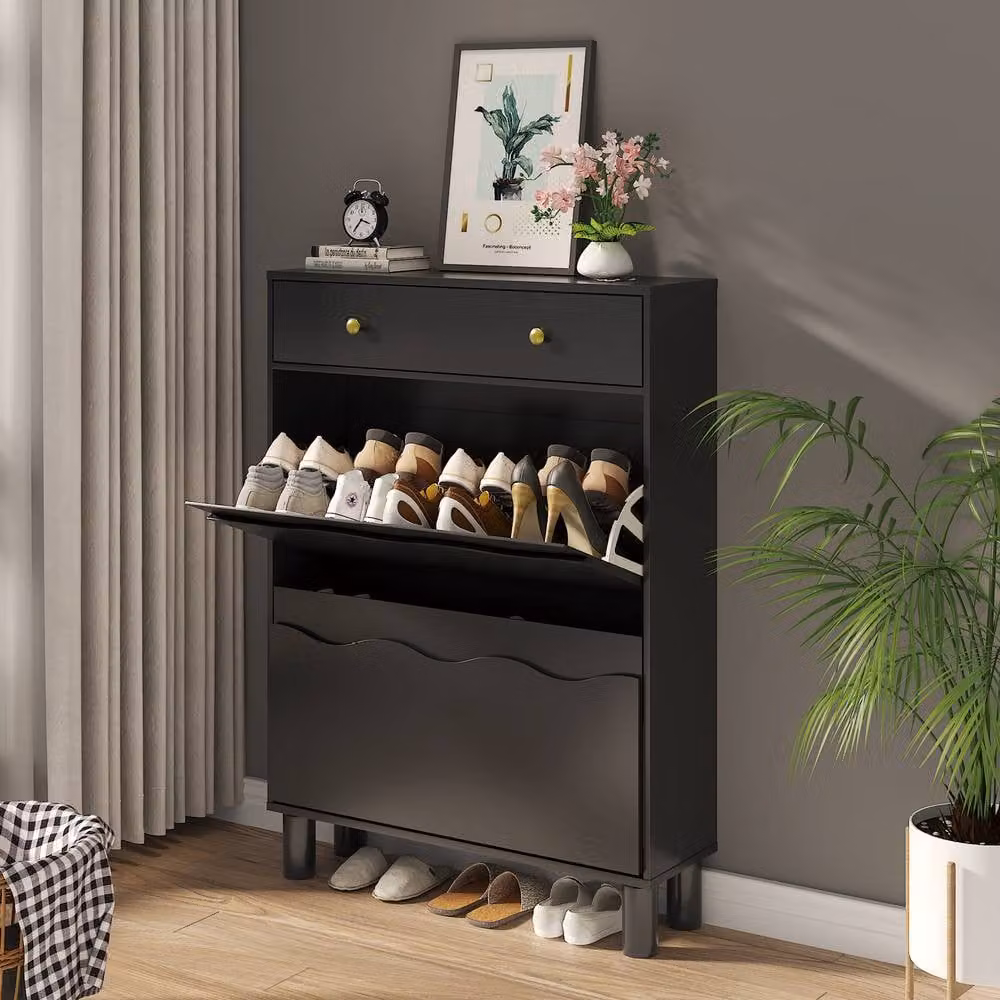 KEEPREAPER Modern Freestanding Black Wood Shoe Cabinet with Tilting Compartments and Internal Shelves – 3
