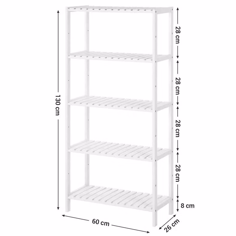 KORVIXA 5-Tier Bamboo Bathroom Storage Shelves in White, H 130 cm x W 100 cm x D 40 cm