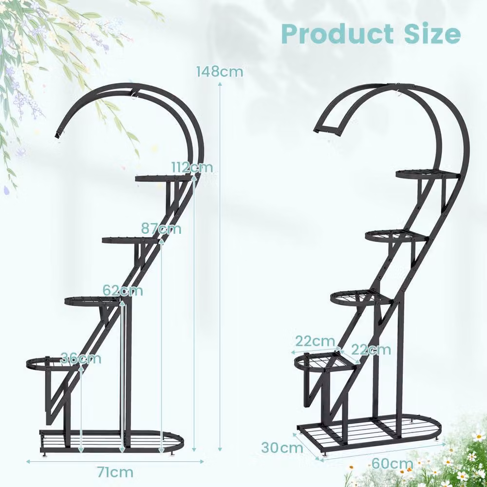 Costway 5 Tier Metal and MDF Heart-Shaped Ladder Plant Stand with Hanging Hook in Black – 2