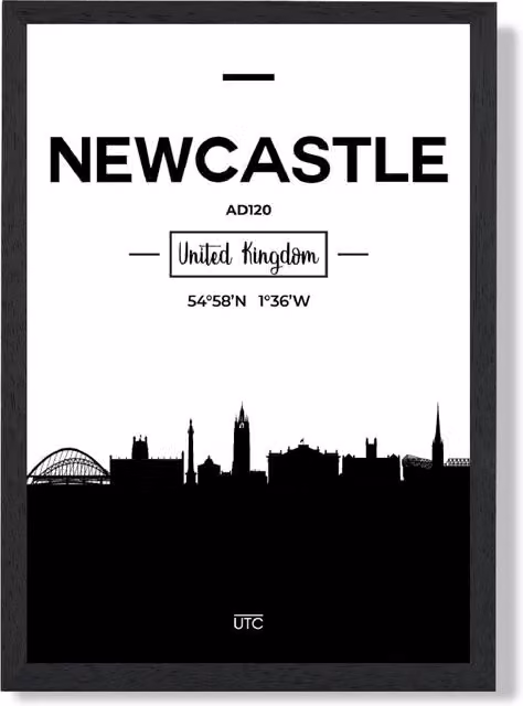 ARTZE Newcastle Black and White City Skyline Framed Print in Black Frame