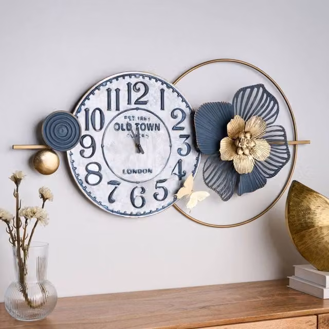 Wyld and Coco Blue Metal Analog Wall Clock with Black Spade Hands, W: 90 cm, H: 49 cm – 1