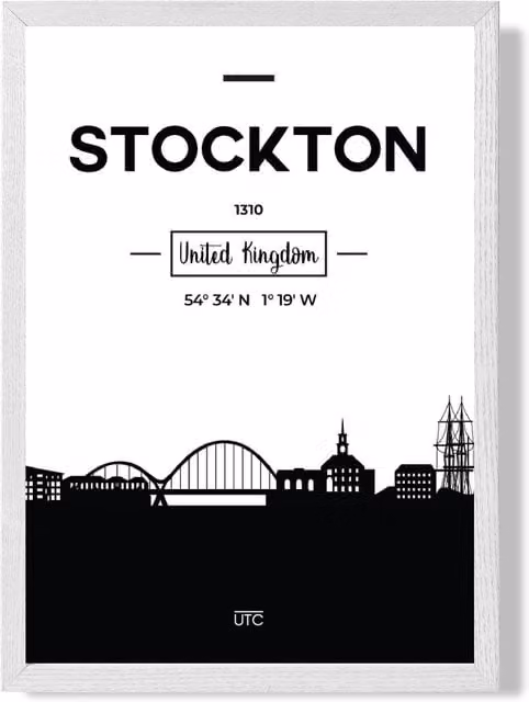 ARTZE Stockton Black and White City Skyline Framed Print in White Frame, A3 – 1