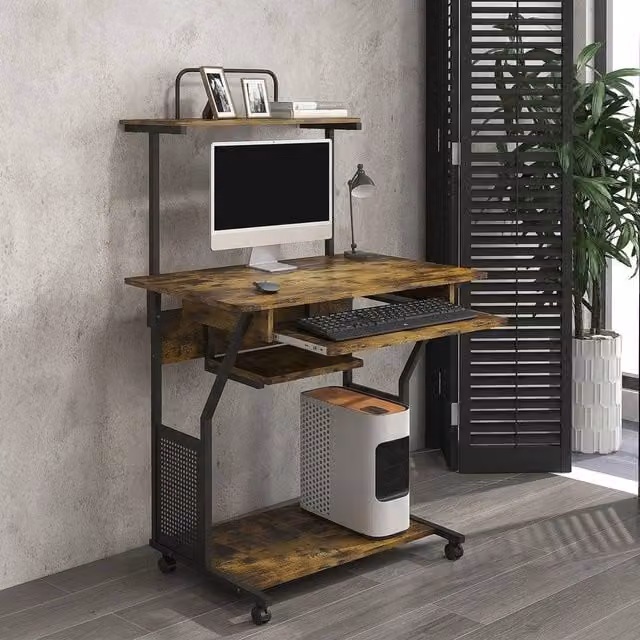 STILVORA Brown Computer Desk with Storage and Sliding Keyboard Tray