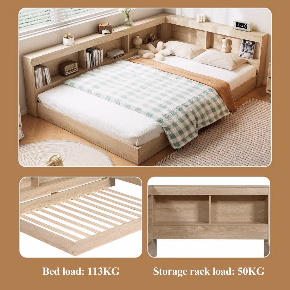 ModernLuxe Kids Double Bed with L-shaped Storage Headboard and Side Compartments in Natural – 4