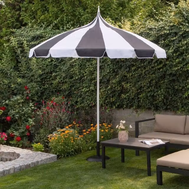 Wyld and Coco Black and White Striped Garden Market Parasol with Aluminium Pole, Height: 245 cm