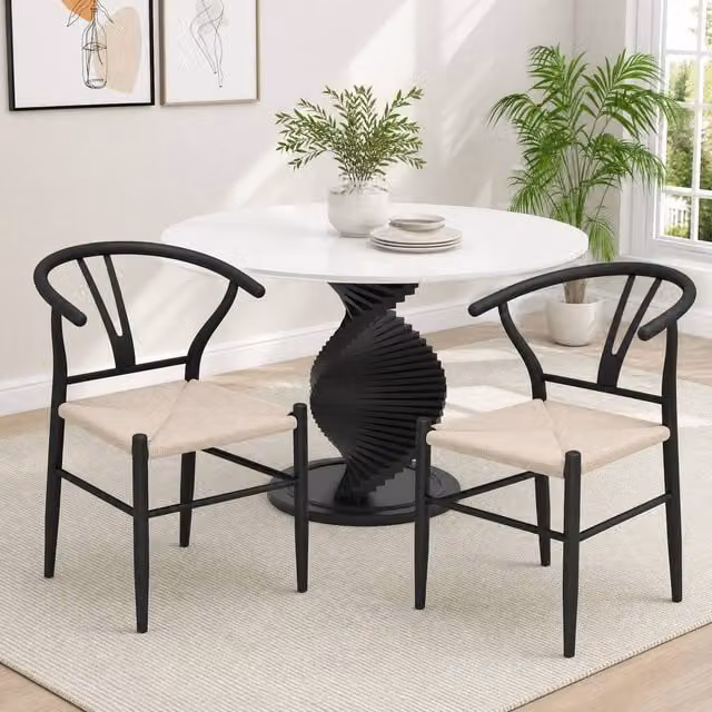 STILVORA Set of 2 Mid-Century Dining Chairs with Black Paper Rope Woven Seats and Armrests – 1