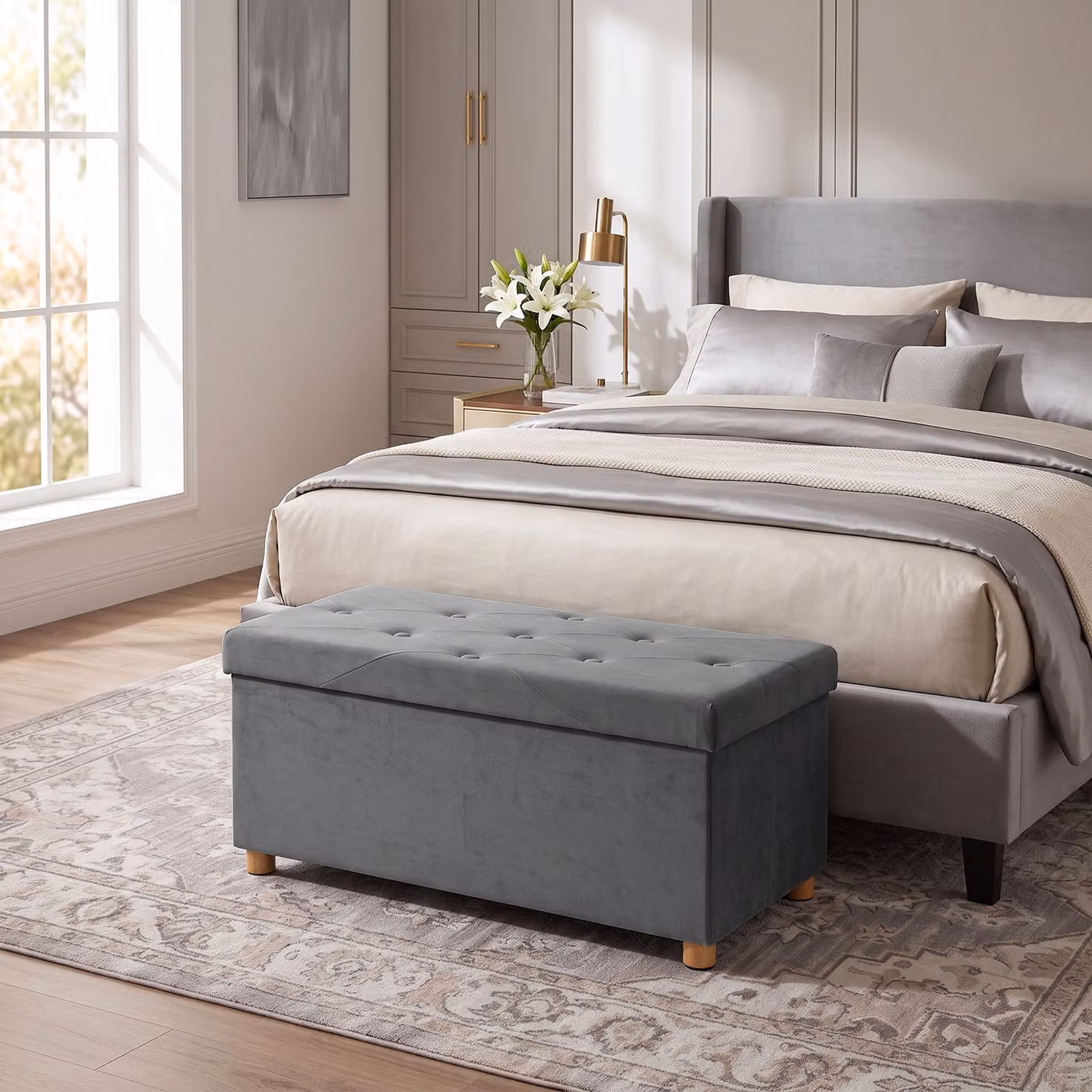 HOMCOM Grey Velvet Upholstered Foldable Storage Ottoman Bench with Wood Legs – 2