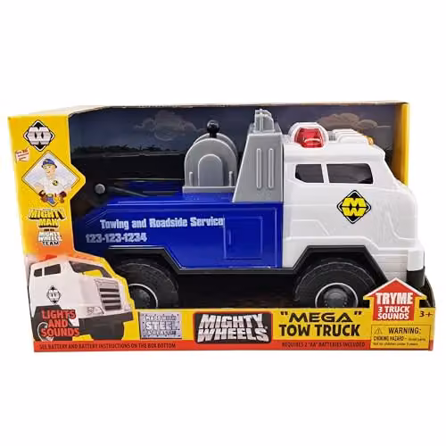 Mighty Wheels Steel Tow Truck Toy with Lights, Sounds and Movable Boom and Hook