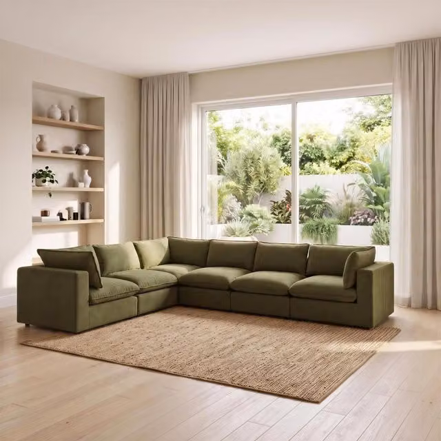 Furniturebox UK Echo 5 Seater L-Shaped Modular Corner Sofa in Green Linen-Look Fabric