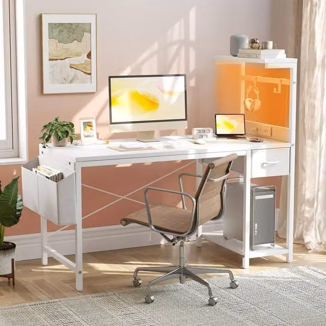 BEXEVUE White Gaming Desk with Power Outlet, LED Lights and Reversible Shelving, Width: 100 cm – 1