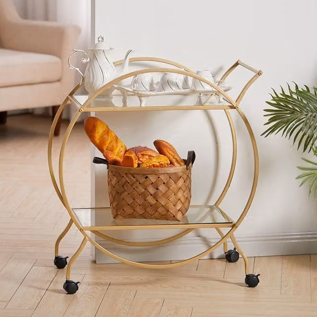 Livingandhome Modern Gold Metal and Glass 4-Wheel Kitchen Trolley with Serving Tiers, W/D/H: 70 x 70 x 12.7 cm