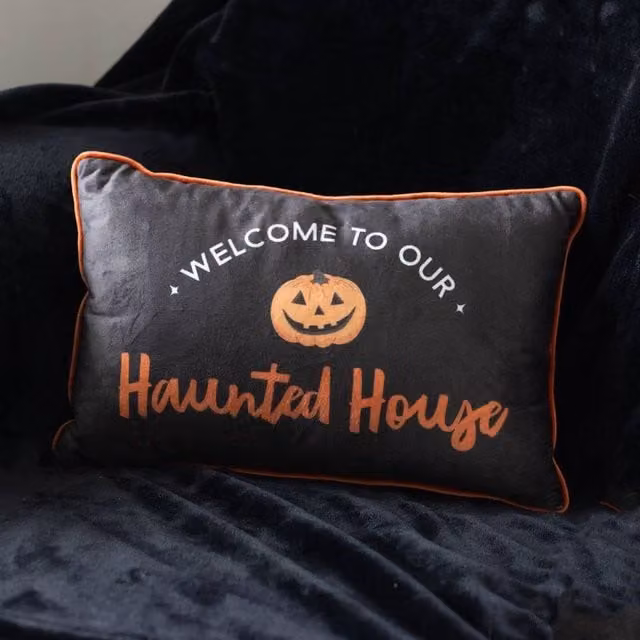 Uniqueful Haunted House Rectangular Cushion in Black, 40 cm