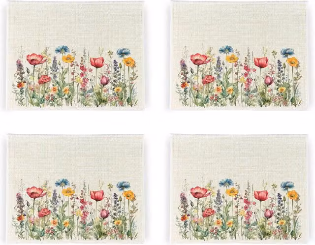 Purely Home Wildflower Meadow Floral Linen Placemats, Set of 4, White and Multicolour