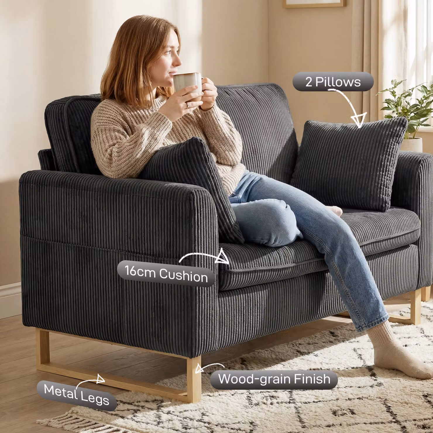 HOMCOM 2 Seater Upholstered Loveseat Sofa in Grey with Spring Core Cushions and Scatter Pillows, Width: 140 cm – 5