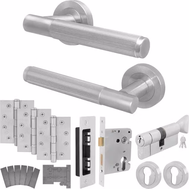 AFIT Satin Silver Fire Door Handle, Euro Lock Thumbturn Cylinder Set and Hinges, W: 150 mm x H: 150 mm – 1