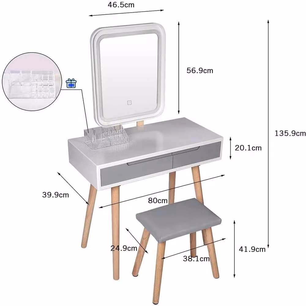 Kelvenix Modern White Lacquered Wood Rectangular Dressing Table Vanity Set with Hollywood LED Mirror – 2