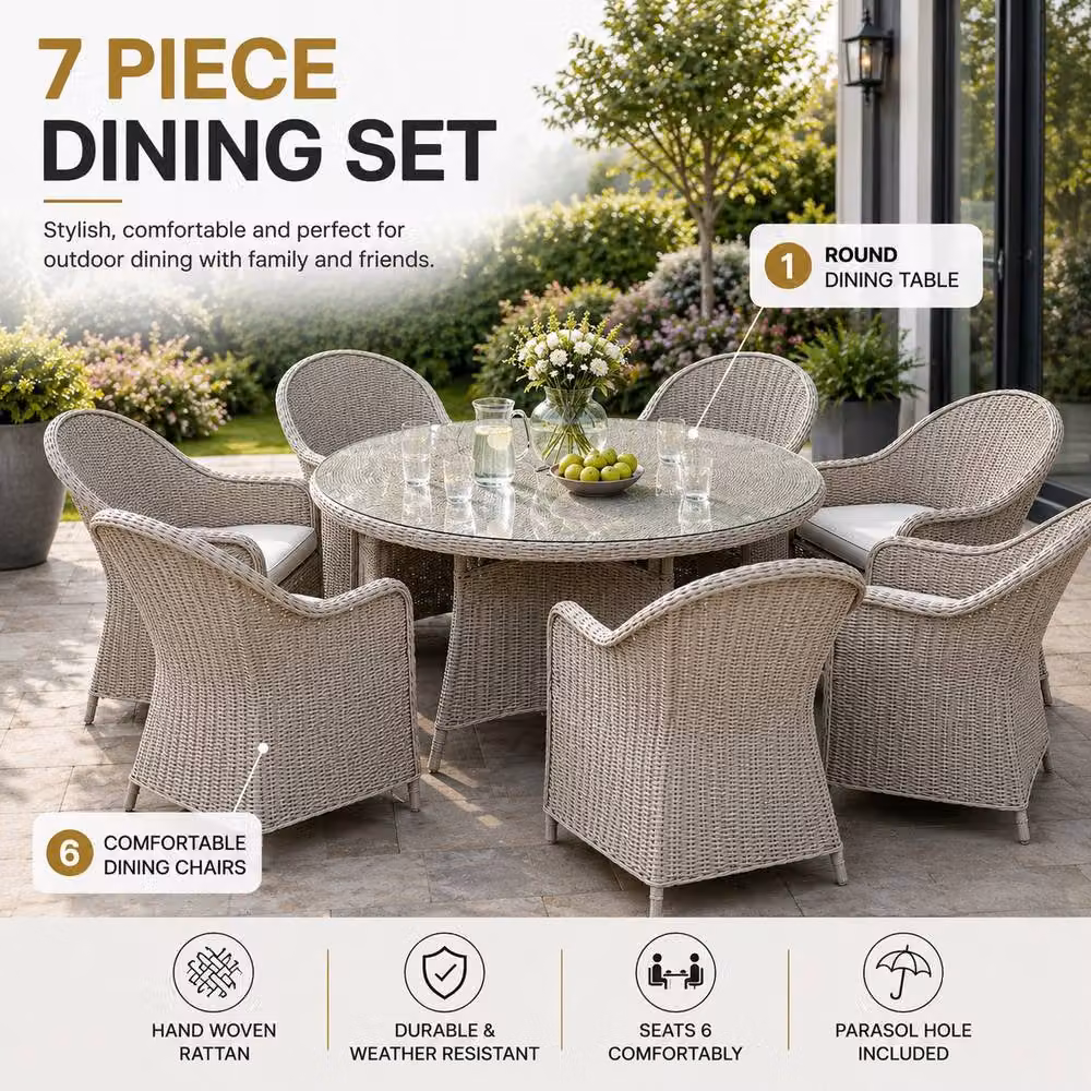 Shatchi Sorrento 6-Seater Rattan Dining Set, Round Polyrattan Garden Table and Chairs in Grey, W/D/H: 140 x 140 x 73 cm – 3