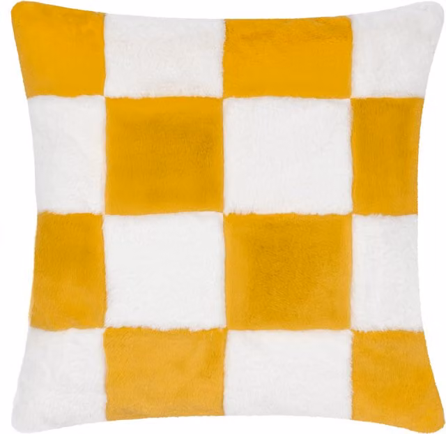 Cozee Check Faux Fur Feather Rich Square Cushion in Yellow