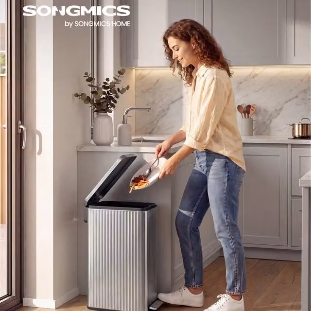 SONGMICS 50 L Slim Kitchen Pedal Bin with Soft Close and Removable Inner Bucket, Silver