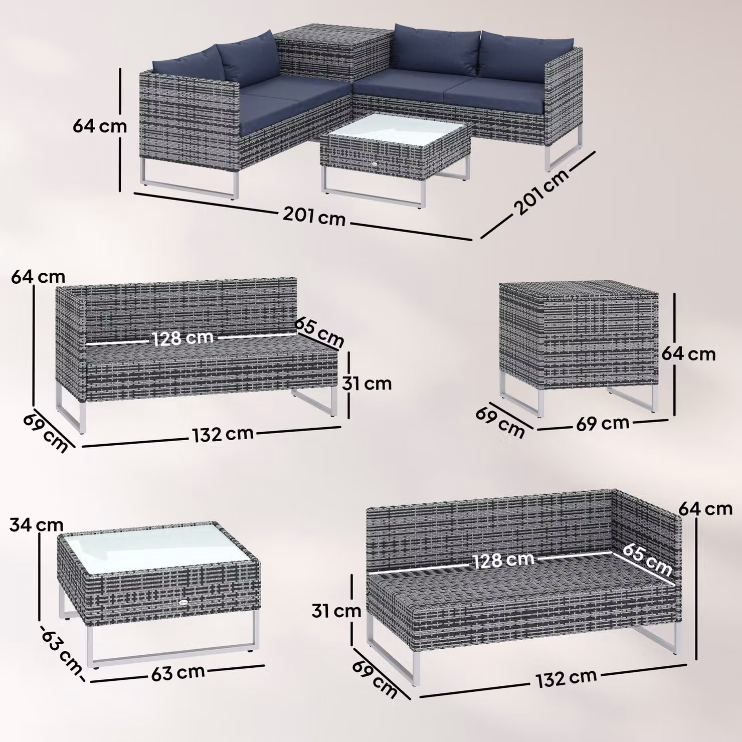 Outsunny 4 Piece Rattan Garden Furniture Set in Dark Blue with L-Shape Corner Sofa, 2 Seater, Ottoman and Coffee Table with Cushions – 3