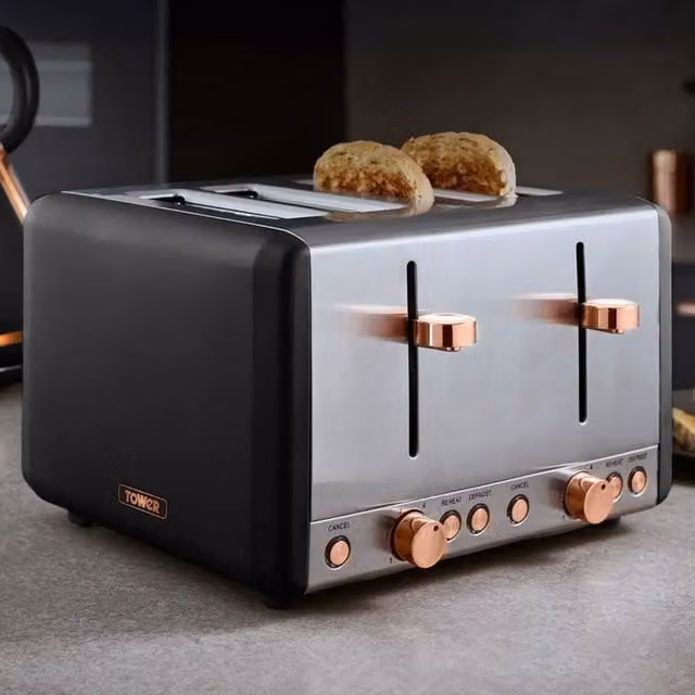 Tower Cavaletto 4 Slice Stainless Steel Toaster in Black and Gold