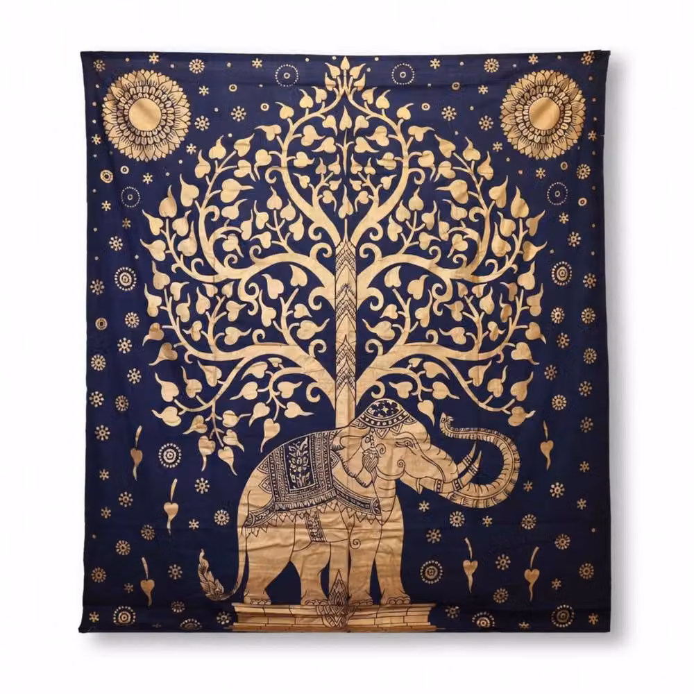 KDMD Double Cotton Bedspread and Wall Hanging Set with Elephant and Tree Design in Blue and Gold – 4