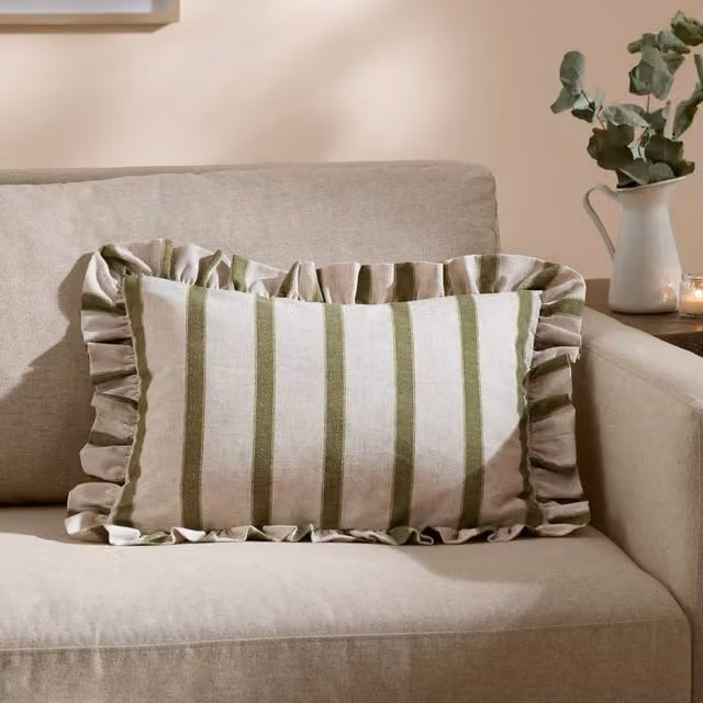 Wylder Connie Striped Ruffle Linen Cushion in Green, W: 50 cm, H: 35 cm