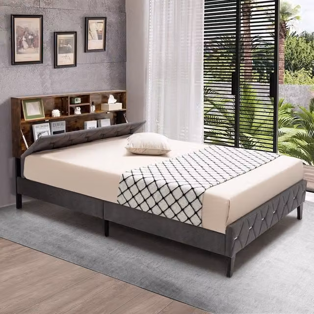 Costway Grey Velvet Upholstered Platform Bed with Side Compartments and Bedside Shelves