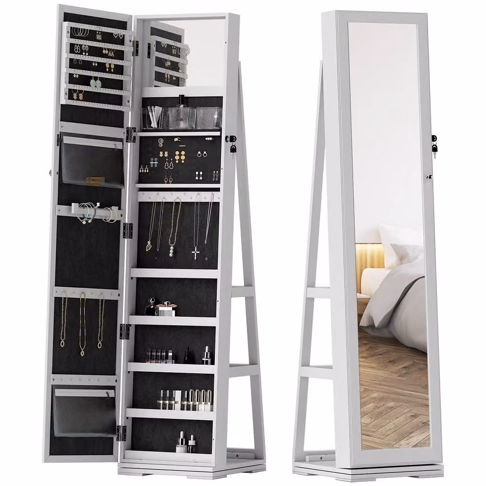 STILVORA Modern White Freestanding Jewellery Cabinet with Full Length Mirror, Internal Shelves and Lock, H 160 cm x W 38 cm – 2