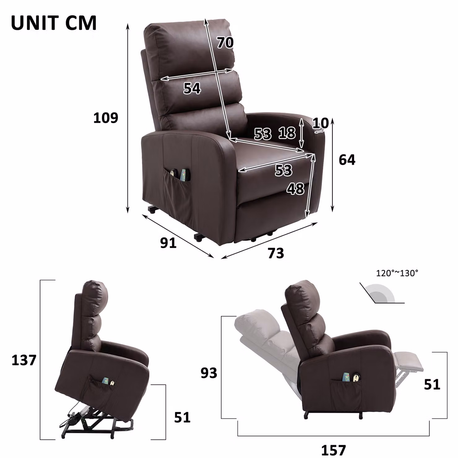 Aosom UK Power Lift Recliner Massage Chair with Heat and Vibration in Brown, W/D/H: 73 x 91 x 109 cm – 2
