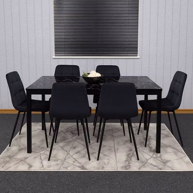 KOSY KOALA Black Glass Marble Effect Dining Table Set with Velvet Chairs, W/D/H: 140 x 80 x 75 cm – 1
