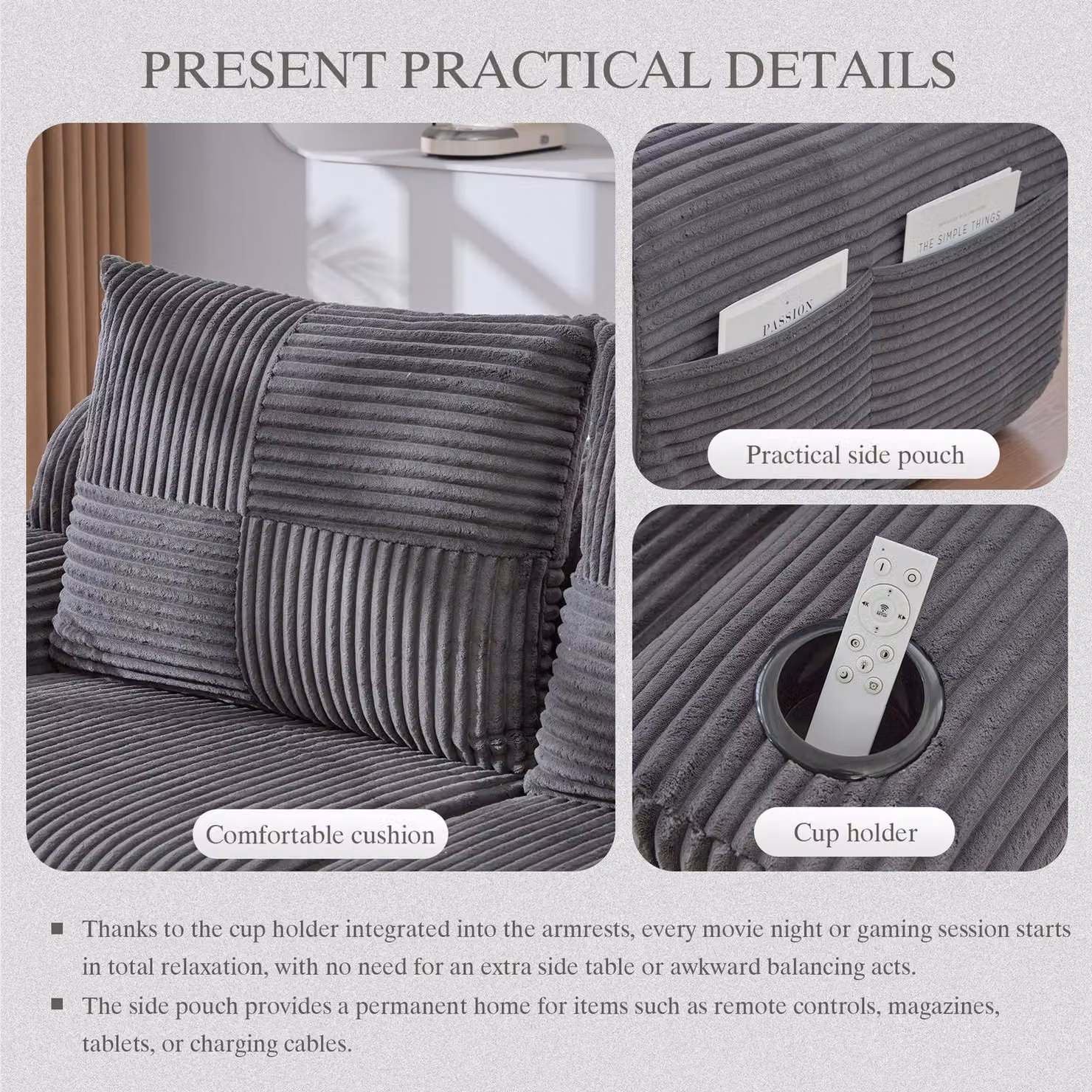 Aosom UK Modular 2-Seater Ribbed Corduroy Sofa with Cup Holder and Side Storage Pocket, Dark Grey, W: 200 cm, D: 99 cm, H: 80 cm – 4