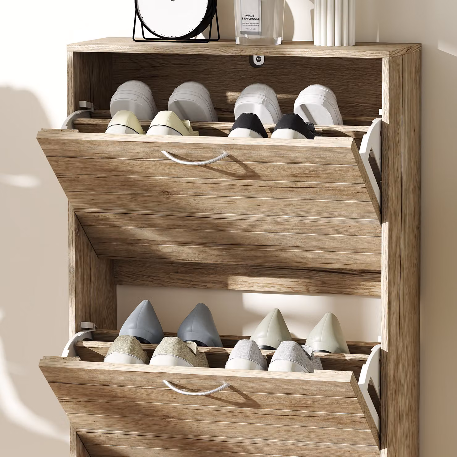 HOMCOM 12-Shoe Flip Drawer Storage Cabinet in Brown Wood-Effect – 6