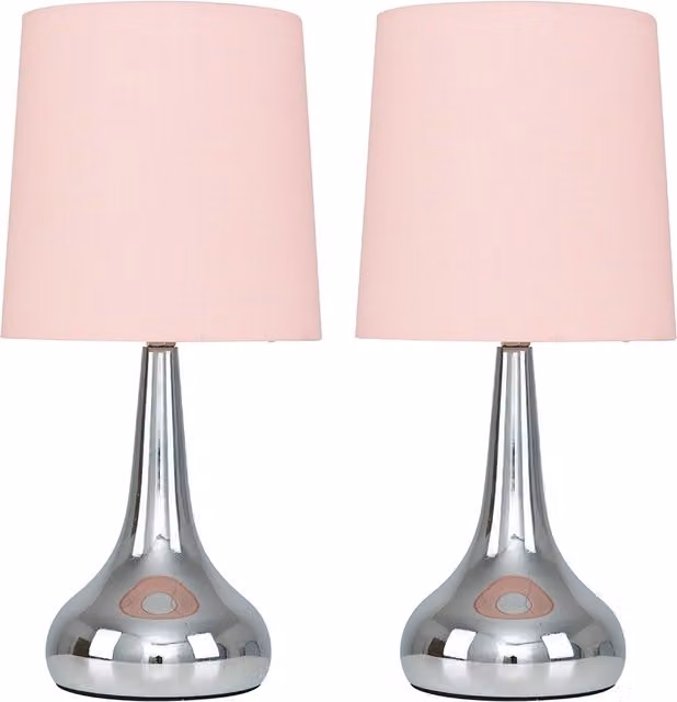 ValueLights Teardrop Pair of Chrome Touch Table Lamps with Pink Fabric Shades
