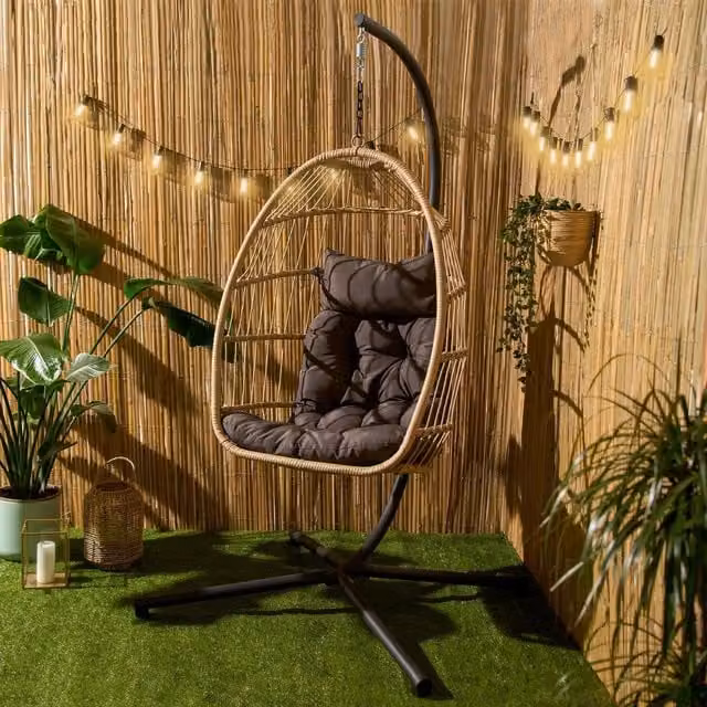 OHS Grey Rattan Boho Garden Hanging Egg Chair