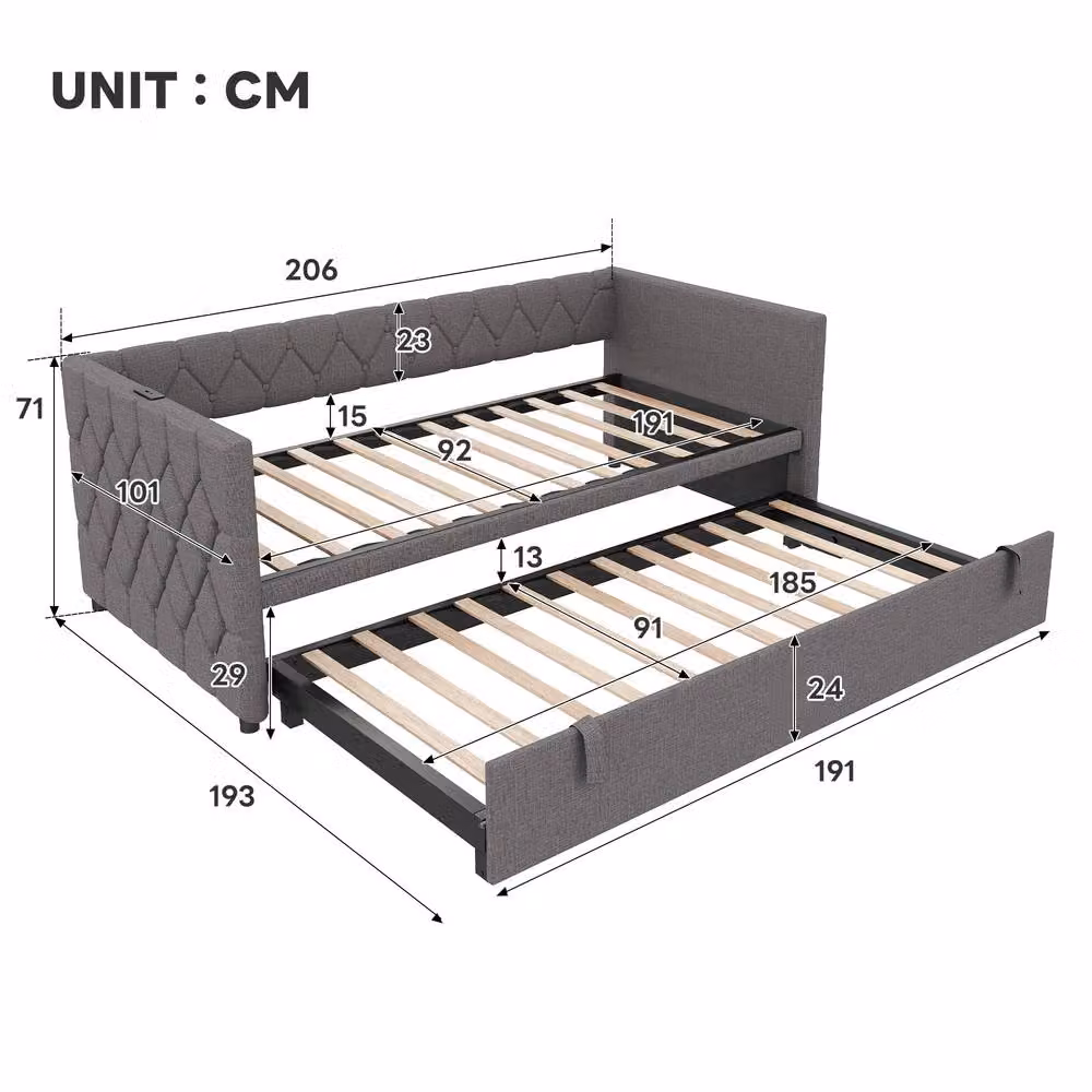 Matteo 3ft Single Upholstered Daybed Sofa Bed with Pull-Out Trundle and USB Charging Port in Grey, W: 90 cm, D: 190 cm – 2