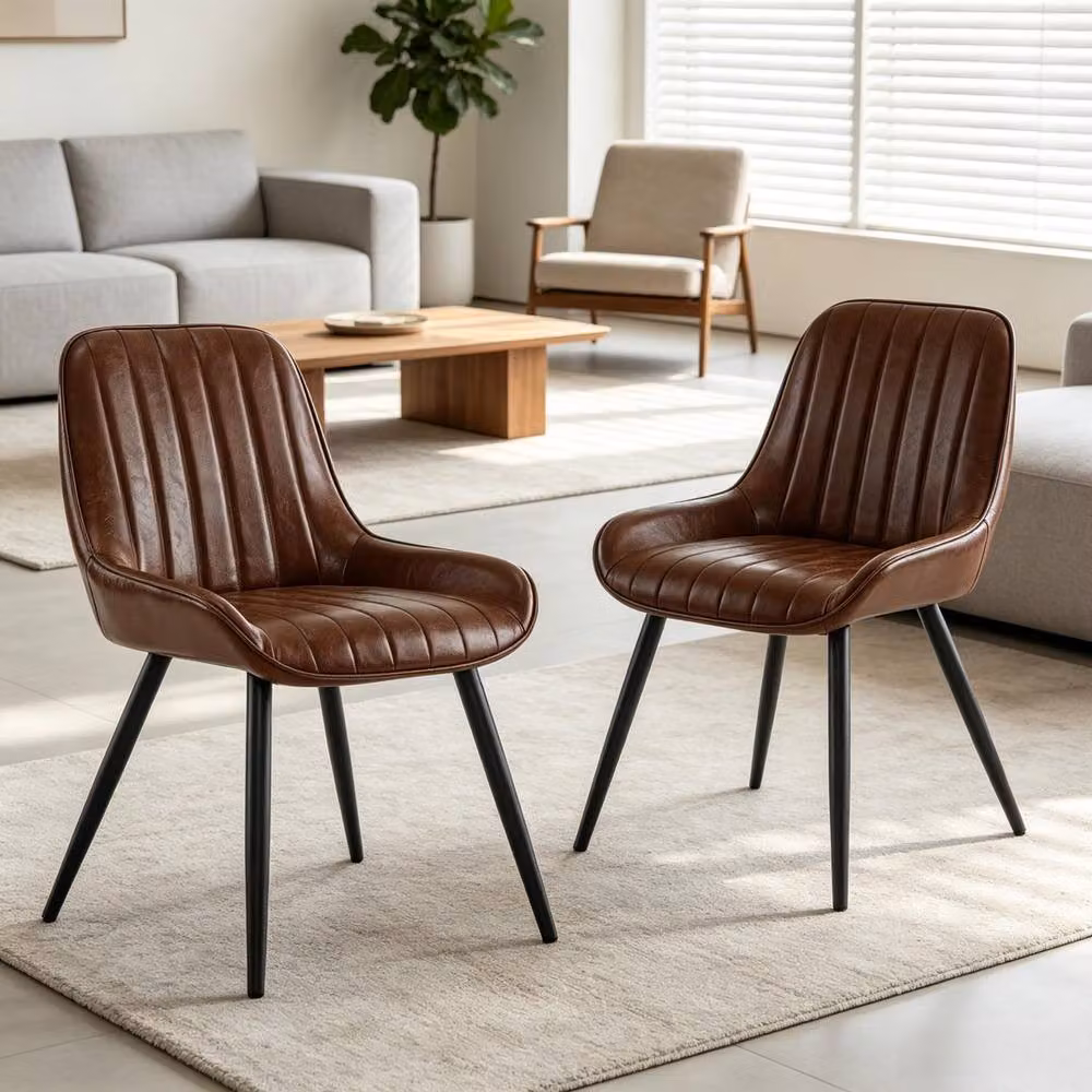 Merax Set of 2 Modern Upholstered Faux Leather Dining Chairs with Metal Legs in Brown – 4