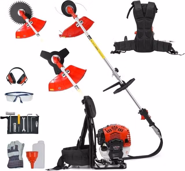BU-KO 52cc Petrol 3-in-1 Backpack Strimmer and Brush Cutter in Red and Black