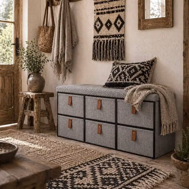 Wyld Haus Taelha Grey Fabric Shoe Bench with Cushioned Seat and 6 Drawers W/D/H: 76.5 x 38 x 38 cm