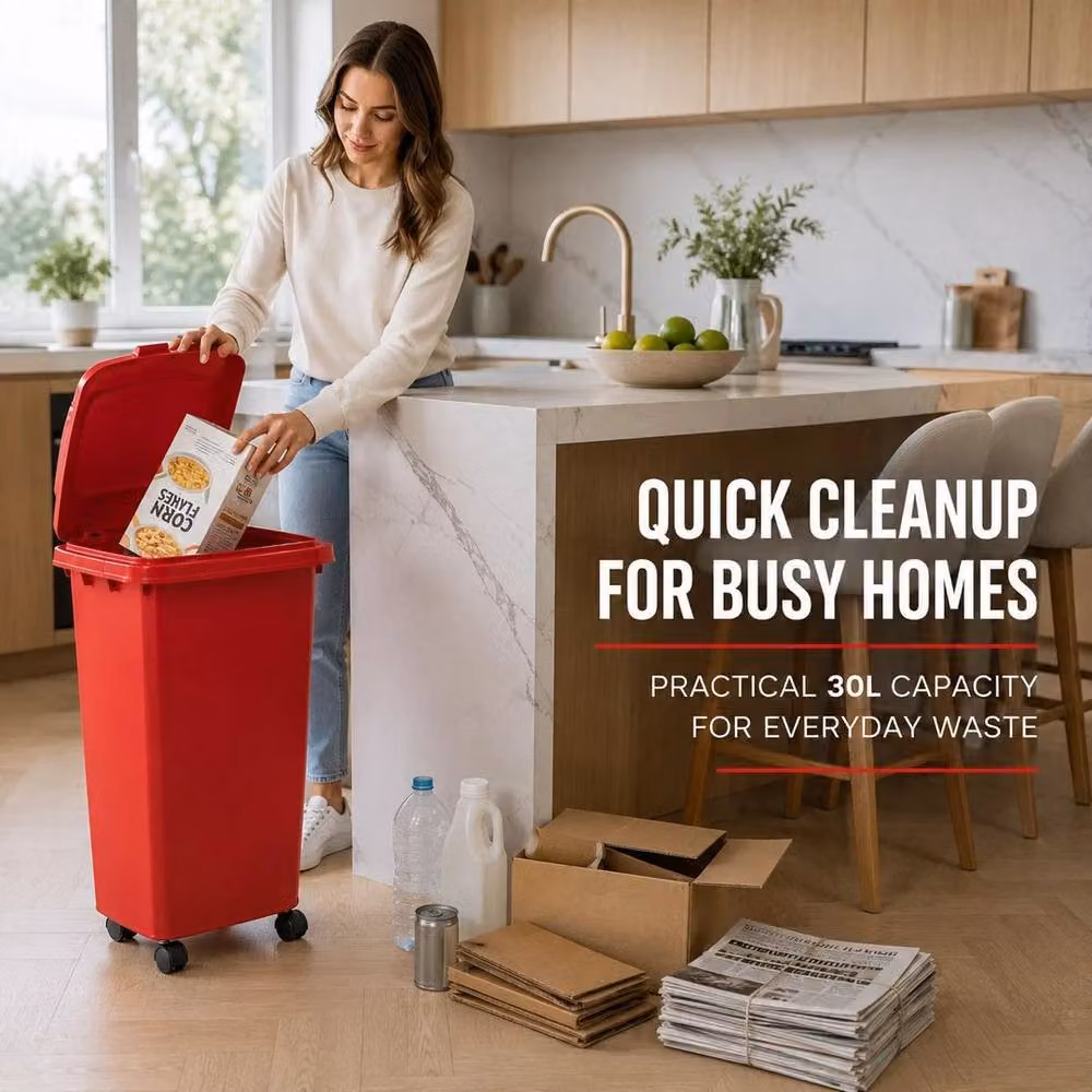 PAWNORA 30L Plastic Dustbin with Flip Lid in Red – 4