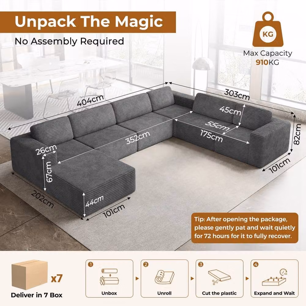Dprodo Grey Corduroy 6 Seater Modular L-Shape Corner Sofa with Matching Ottoman and Removable Covers – 2