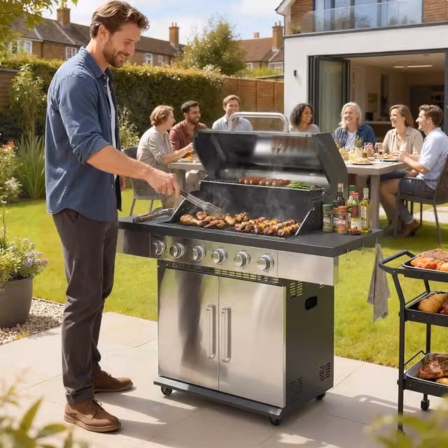 Outsunny Portable 6 Burner Liquid Propane Gas BBQ Grill with Warming Rack and Thermometer, Silver