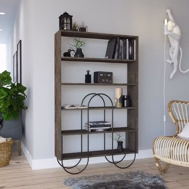 FWStyle 5 Shelf Modern Shelving Display Unit with Curved Metal Frame in Dark Coffee